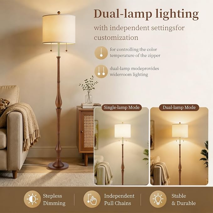 67.5'' Rustic Wooden Floor Lamp with Linen Shade, Farmhouse Standing Lamp for Living Room, Bedroom & Reading Nook, Warm Ambient Tall Lamp with Pull Chain (Brown)