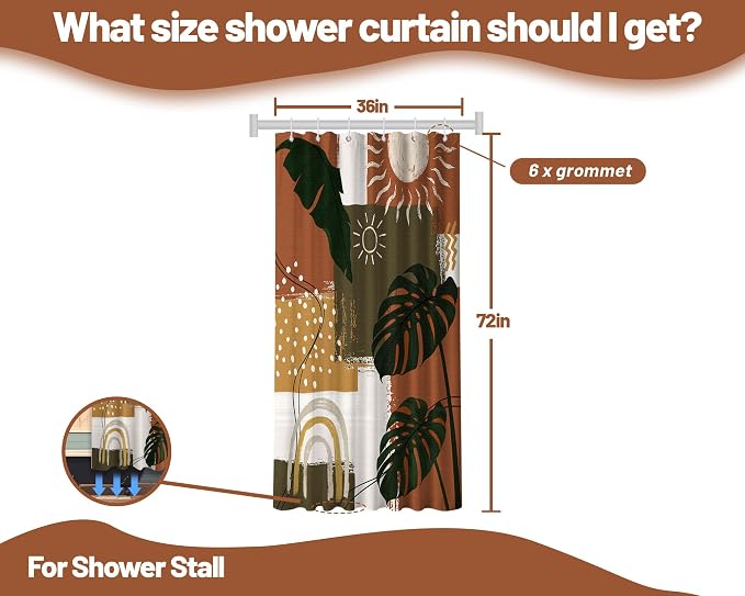 Small Stall Narrow Mid Century Modern Shower Curtain Abstract Stand Up Tropical Leaf Shower Curtains for Rv Camper Bathroom Decor Sets, Waterproof Cloth Fabric with Hooks, 36 x 72 Inch