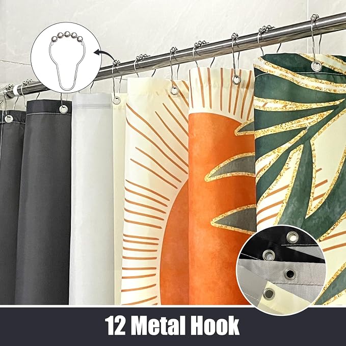Boho Mid Century Shower Curtain, Bohemian Minimalist Simple Aesthetic Modern Bathroom Decor, Colorful Rainbow Sun Moon Natural Botanical Leaves Fabric Cloth Bath Curtain (Boho Black, 84x72 Inches)