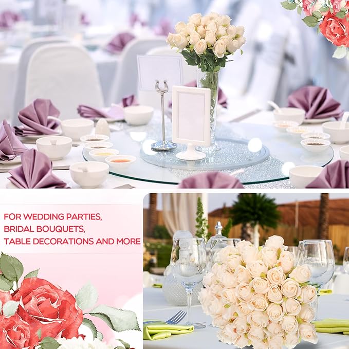 Jexine 50 Pcs Artificial Rose Flower Bulk Realistic Silk Fake Roses with Long Stem Plastic Artificial Flower Bouquet Real Looking for Home Wedding Centerpieces Party Decoration(Beige Champagne)