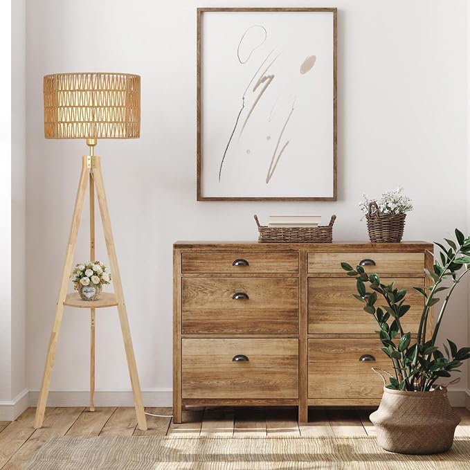 LAMSU Oak Wood Tripod Floor Lamps for Living Room, Boho Floor Lamp with Shelves, Mid Century Rattan Standing Lamp with Fabric Shade, ON/Off Switch, Farmhouse Tall Floor Lamps for Bedroom Office