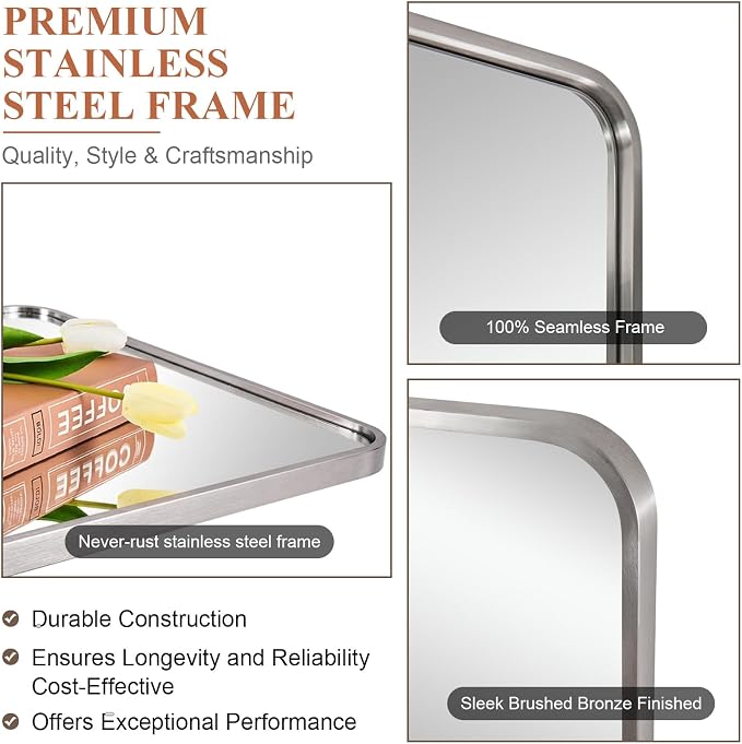 ANDY STAR 24x48'' Brushed Nickel Bathroom Vanity Mirror for Over Sinks, Rounded Rectangle Bathroom Wall Mirror in 1'' Rustproof Tube Metal Frame Mirror Decorative Wall-Mounted Horizontal/Vertical