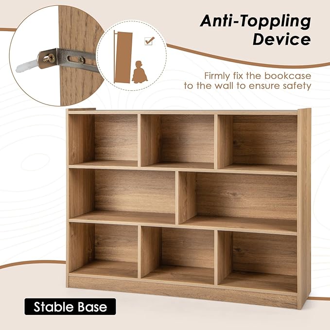 Toy Storage Organizer, 3-Tier Kids Bookshelf, 8 Cube Kids' Bookcases, Cabinets & Shelves, Wooden Toy Organizers, Small Book Shelf for Bedroom, Playroom, Classroom, Nursery (Natural)