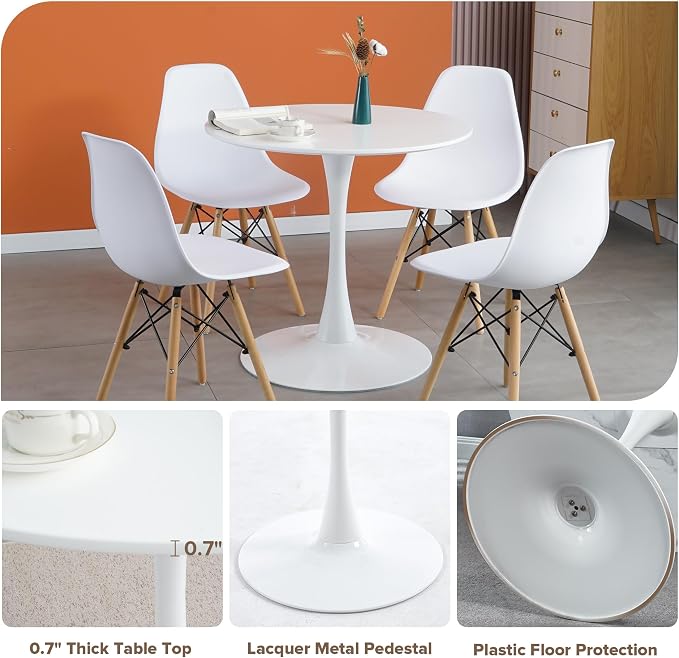 5-Piece Round Dining Table Set,31.5" Mid-Century Modern Kitchen Table with 4 Chairs,Tulip Pedestal Table & Solid Wood Legs,Space Saving Compact Furniture for Small Spaces Apartment Home,White