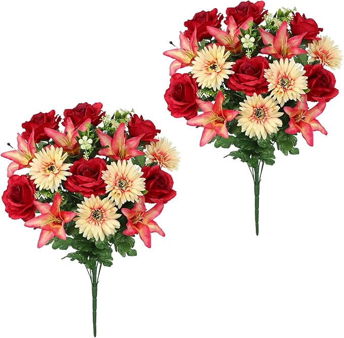 Hollyone Set of 2 Artificial Cemetery Flower for Graves Red Cemetery Memorial Flowers for Outdoor Grave Decorations Silk Flower Arrangements Rose Lily Gerbera Floral Flowers Bouquets