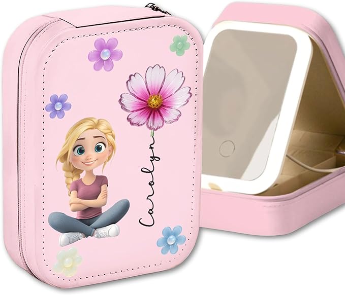 Wrappiness Girls & Women Lovely Makeup Box With LED Mirror - Personalized Jewelry Box Organizer Portable Ideal for Travel, Gift for Daughters Sisters Friends (Lovely Girl, Teen Girls)