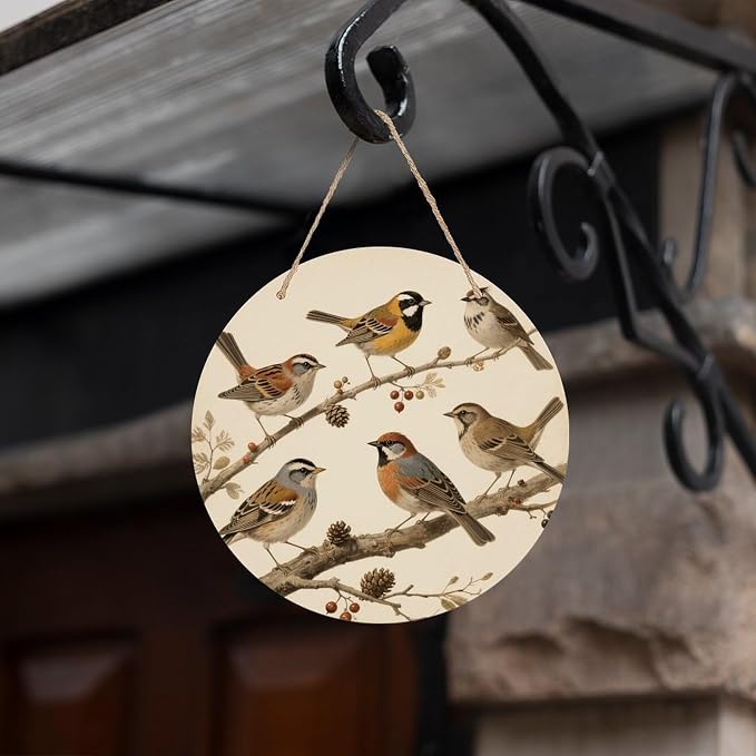 VstaDank Vintage Bird Wall Decor Round Wood Hanging Sign 7.9x7.9 in Wooden Circle Door Hanger with Ropes, Rustic Wall Art Decor for Home Front Door Indoor Outdoor Decoration
