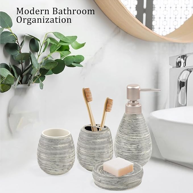 CERBIOR Bathroom Accessories Set,4 Pcs Ceramic Bathroom Decor Accessory,Includes Toothbrush Holder, Toothbrush Cup, Soap Dish for Decorative Countertop and Housewarming Gift(Grey 4pcs)