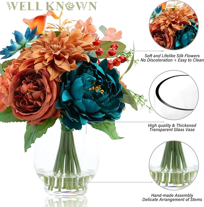 Artificial Flowers in Vase with Fake Water, Faux Silk Peony Dahlia Bouquet, Teal Burnt Orange Flowers Arrangement for Dining Table Centerpiece Wedding Chritmas Party Winter Home Decor & Birthday Gift