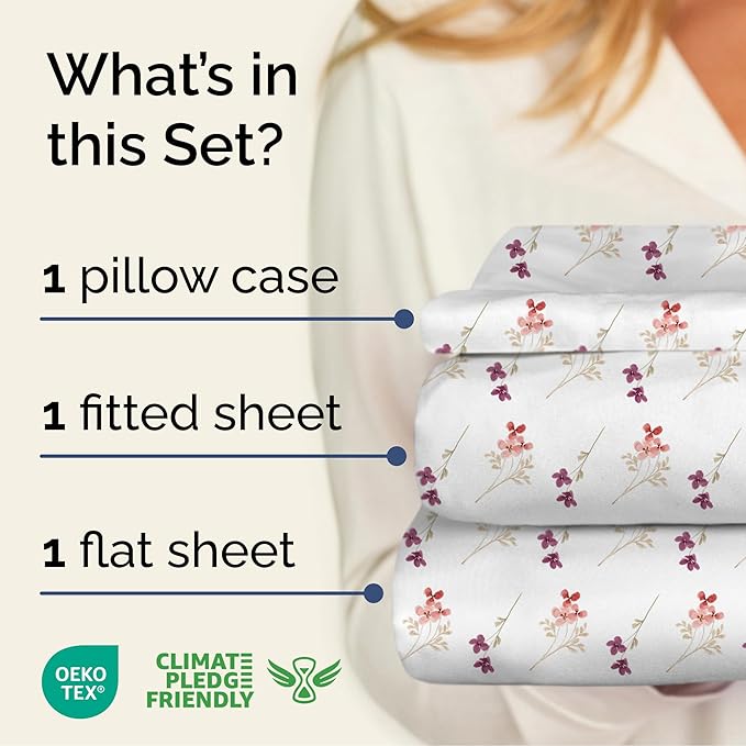 Floral Sheets - Pink & Purple Floral Bed Sheet Set - 1 Flat, 1 Fitted & 1 Pillowcase w/ Deep Pockets - Comfy, Wrinkle & Fade Free - Boho Botanical Bedding - Soft, Breathable & Cooling - Twin Size Set