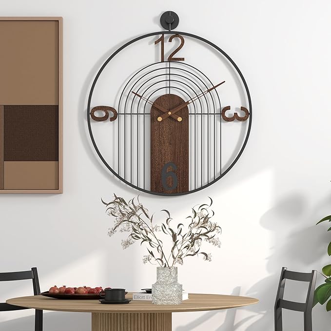 Large Modern Walnut Dial Wall Clock, Wood Metal Frame Silent Non Ticking Decoration Wall Clocks for Living Room, Bedroom, Kitchen, Study, Handmade Home Decor Gift Idea, 26.4 Inch