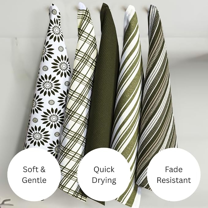 Assorted Kitchen Towels Set of 5-100% Cotton Dish Cloths Towels with Hanging Loop - Soft, Absorbent & Washable for Kitchen Use - Quick Drying Dish Towels 16x26 Inch Green
