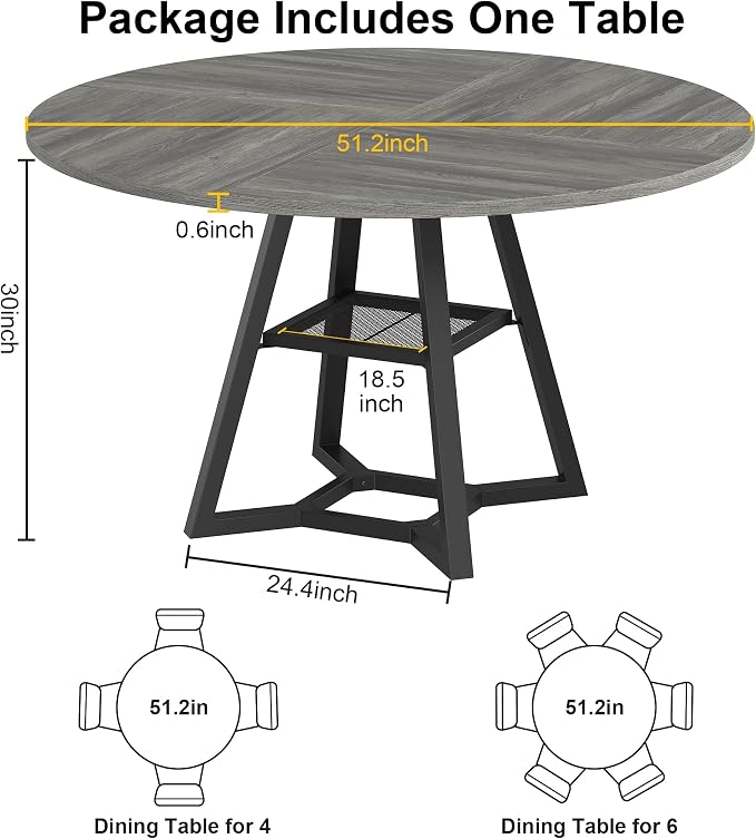 knoworld 51'' Round Dining Table, Kitchen Tables Dining Room Circle Dinner Table with Pedestal Metal Frame, Space Saving Wood Industrial Kitchen & Dining Room Tables, Grey 51In