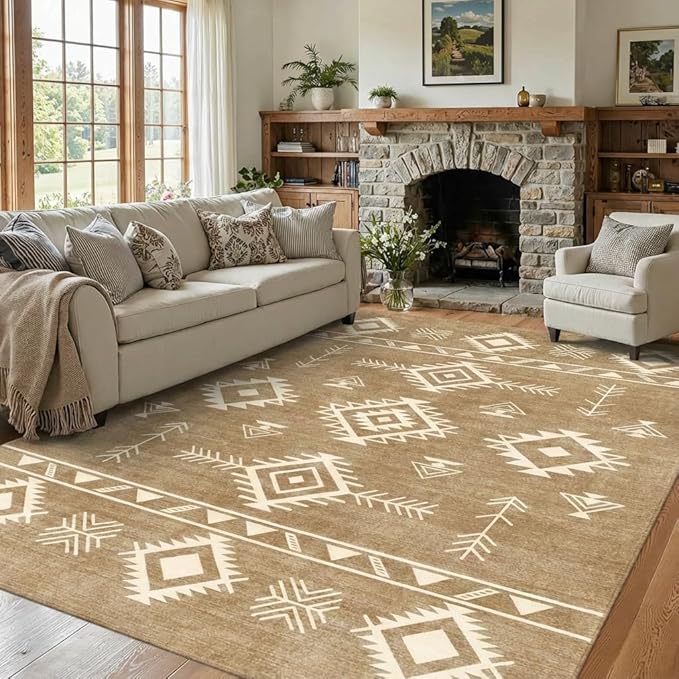 5x7 Area Rug Southwestern Tribal Geometric Rug with Non Slip Backing, Washable Low Pile Light Beige Sand Brown Carpet for Bedroom, Living Room, Dining Room, Home Office
