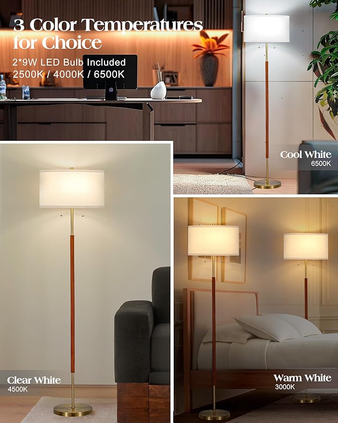 ELYONA Floor Lamp for Bedroom 2-Light Wood Standing Lamp White Fabric Shade Mid Century Modern Tall Pole Corner Light for Living Room Office 3 Color Temperatures 9W LED Bulbs Include, Brushed Brass