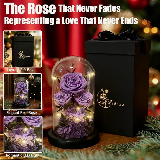 Birthday Gifts for Women Fresh Flowers for Delivery Prime Forever Preserved Rose in Glass Dome Gifts for Her Girlfriend Grandma Daughter Wife Valentines Mothers Day Christmas Anniversary-Light Purple