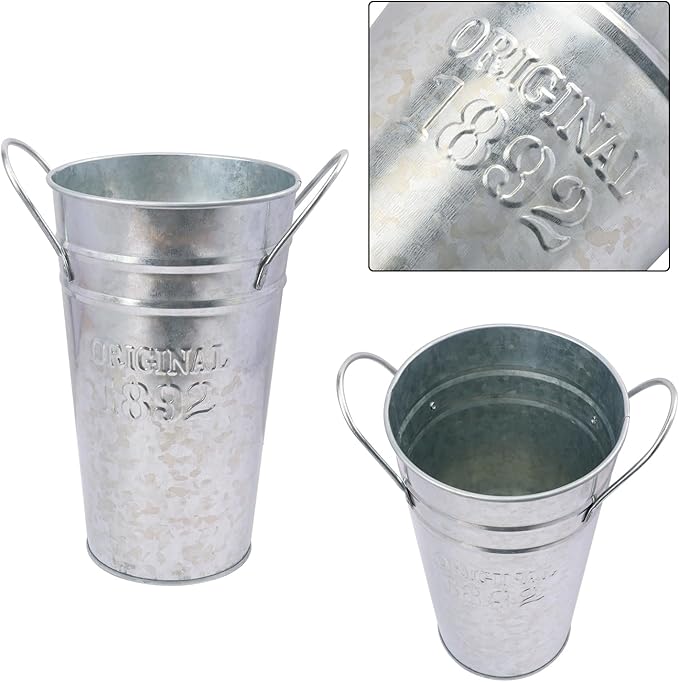 6 Packs 8 Inch Tall Galvanized Metal Flower Vases with Handles, Metal Flower Buckets for Cut Flowers, Country Wedding, Table Centerpiece Decorations(Sliver)