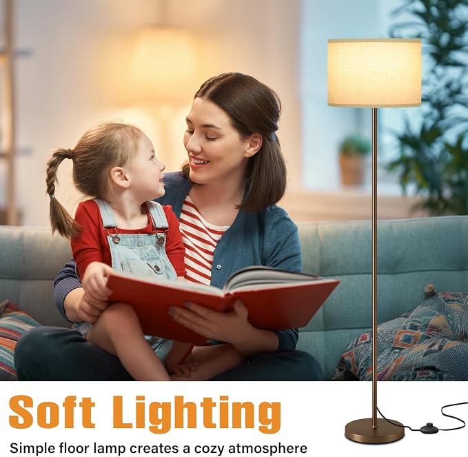 Ambimall 60'' Modern Floor Lamp with Shade, Tall Lamps for Living Room, Bedroom, Office, Dining Room, Beige Shade with Brown Pole(Without Bulb)