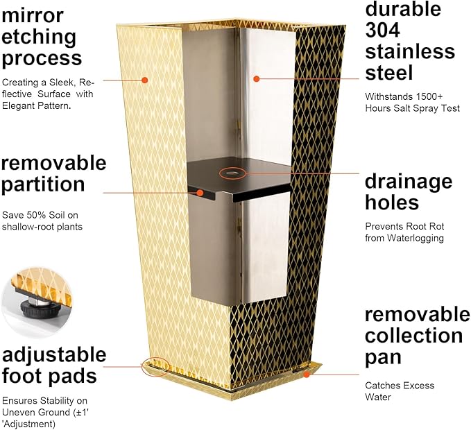 Luxury Stainless Steel Golden Taper Tall Planter Box Set of 2 with Mirror Etching No Coating 24”H Top 11” Bottom 8”,Decrative Pot Indoor, Modern Décor for Home,Office,Tall Plants,Trees,Flowers