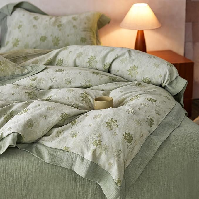 mixinni Yarn-Dyed Jacquard Duvet Cover Queen, Green Botanical Leaf Print 3-Piece Bedding Set with Wide Edge Piping, Soft Breathable Double Layer Gauze for All Seasons (1 Duvet Cover + 2 Pillowcases)