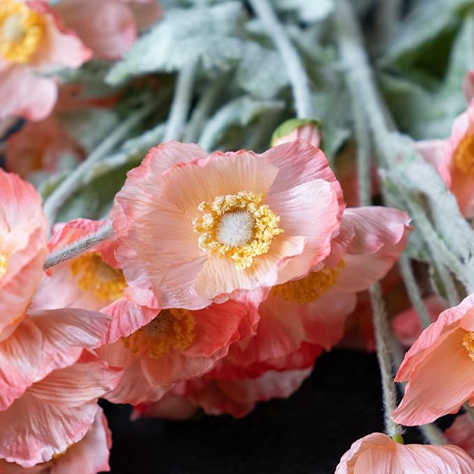 Artificial Flowers 6 Stems Poppy Silk Bouquet,for Wedding, Home, Party Decoration,Table Centerpiece Arrangement(Orange Pink 6pcs)