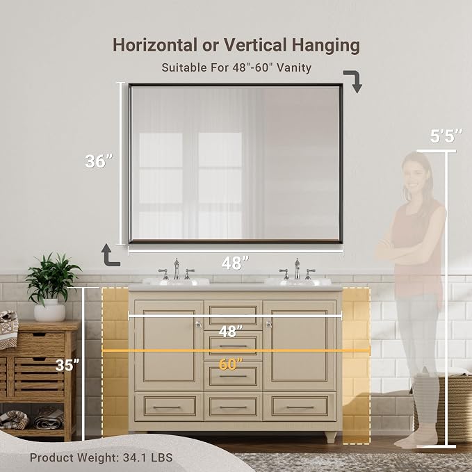 48 x 36 Black Framed Mirror for Bathroom, Beveled Black Bathroom Vanity Mirror Anti-Rust, Shatterproof Matte Black Rectangle Metal Frame Mirror, Vertical/Horizontal Large Wall-Mounted Mirrors