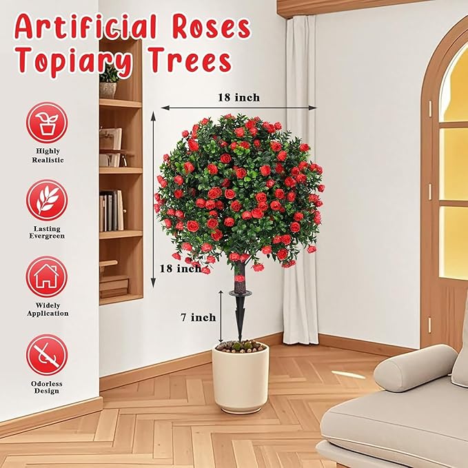 (2-Piece Set) Rose-Shaped Artificial Boxwood Topiary Trees – Designed for Artificial Landscape Shrubs, Shrub Bushes with Ground Spikes, Artificial Flowers