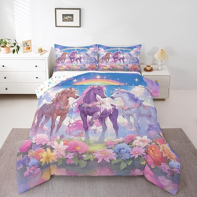 Castle Fairy Dreamy Unicorn Full Size Comforter Set,Rainbow Blue Sky Colorful Flowers Reversible Bedding Comforters Bedroom Collection,Cartoon Animal Floral Galaxy Bedding Set for Girls Teens