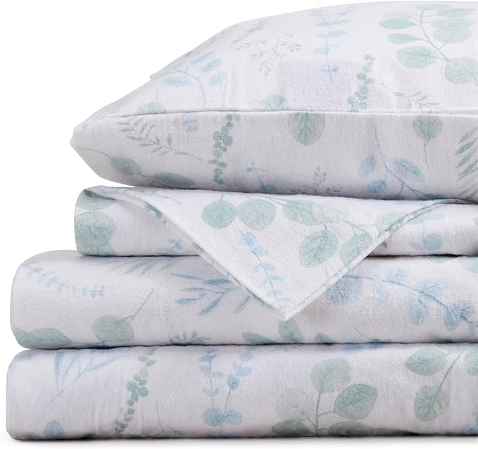 Market & Place 100% Cotton King Flannel Sheet Set | 4 Piece Deep Pocket Cozy Winter Floral Bed Sheets | Double Brushed for Extra Softness & Comfort | Alpine Collection (King, Eucalyptus Leaves)