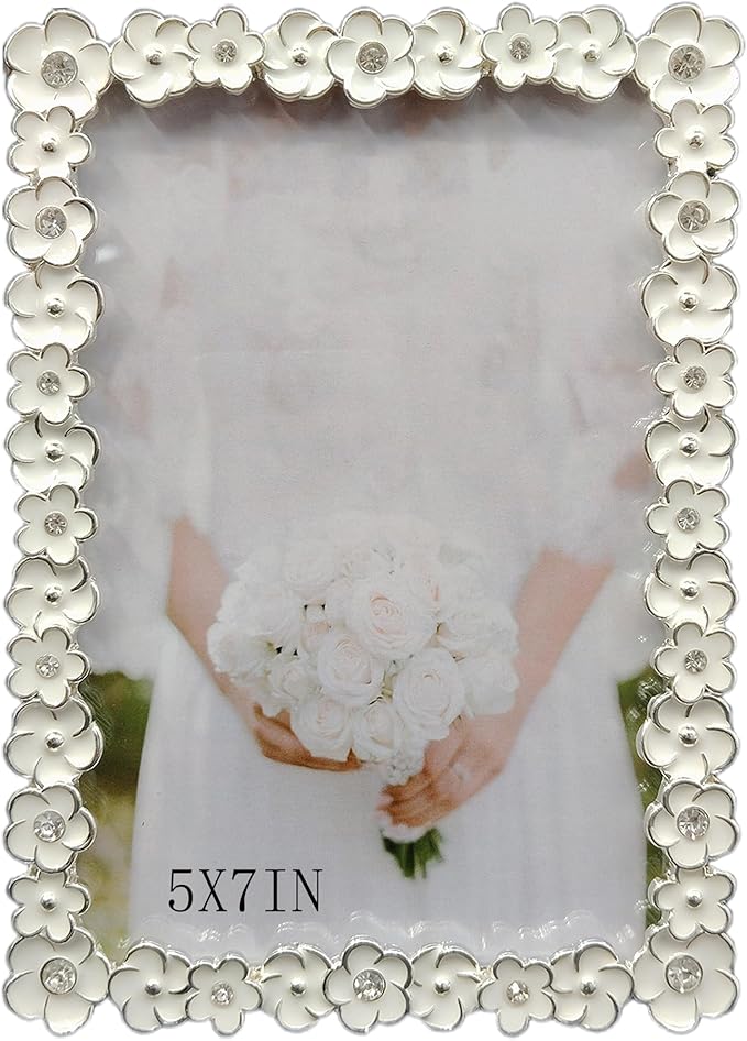 5X7 Wedding Picture Frame with Enamel Finis Glass Front - Ornate Antique White Flowers Photo Frame Tabletop/Wall Vintage Display Gifts for Women