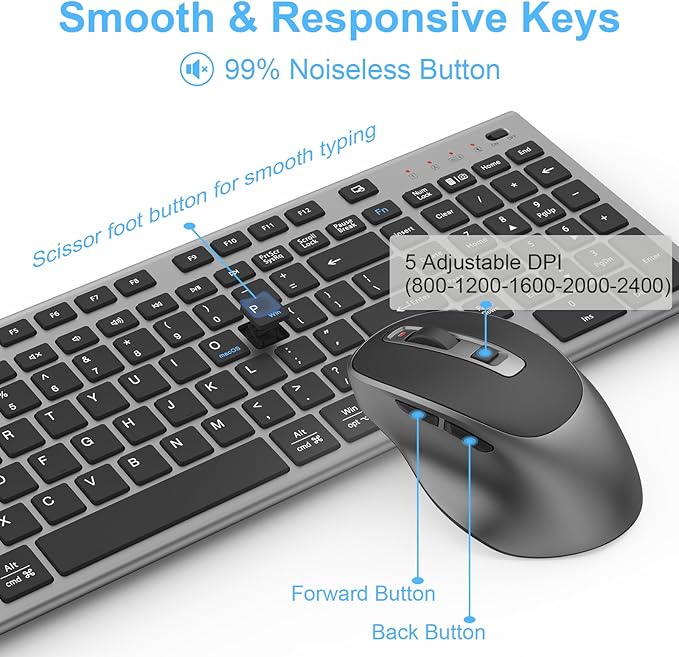 FENIFOX Wireless Keyboard and Mouse, Rechargeable USB C Combo Silent Quiet Compact Full Size Flat with Number Pad Soft Cover for Mac MacBook iMac Windows PC Laptop Computer Office - Black & Grey