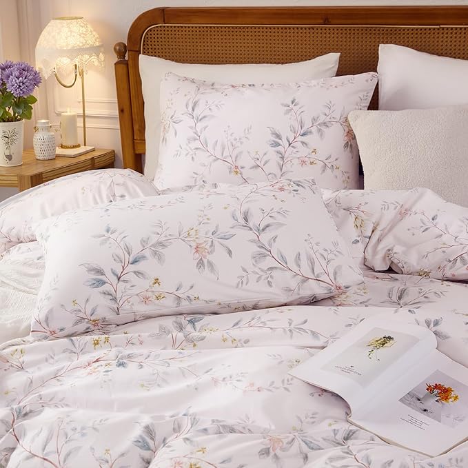 Duvet Cover Set King Size 3-PC Chic Garden Floral Ultra Soft 100% Long Staple Cotton Comforter Cover, Reversible Breathable Duvet Cover with Zipper Closure, Lightweight, All Season