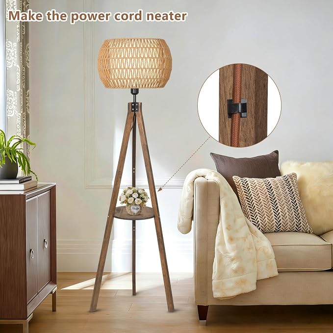 LAMSU Boho Tripod Floor Lamps for Living Room, Wood Floor Lamp with Shelf, Mid Century Modern Standing Lamp with Rattan Shades, Foot Switch, Rustic Farmhouse Tall Lamps for Bedroom Office, Brown