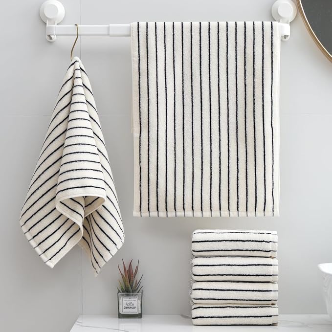 6 Piece Black and White Striped Hand Towels,100% Cotton Bathroom Towels Ultra Soft and Highly Absorbent Hand Towels for Bathroom Kitchen, Showering, Spa, Gym,Hotel (13” x 29”)