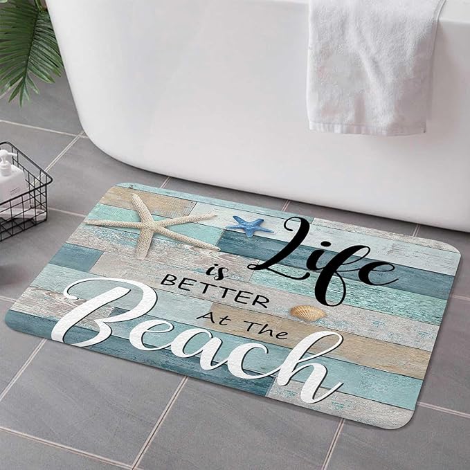 Beach Bath Rugs for Bathroom, Rustic Vintage Wood Ocean Quote Words Summer Non Slip Flannel Bathroom Rug, Nautical Coastal Starfish Dry Fast Water Absorbent Bath Mats, 17X29 Inch