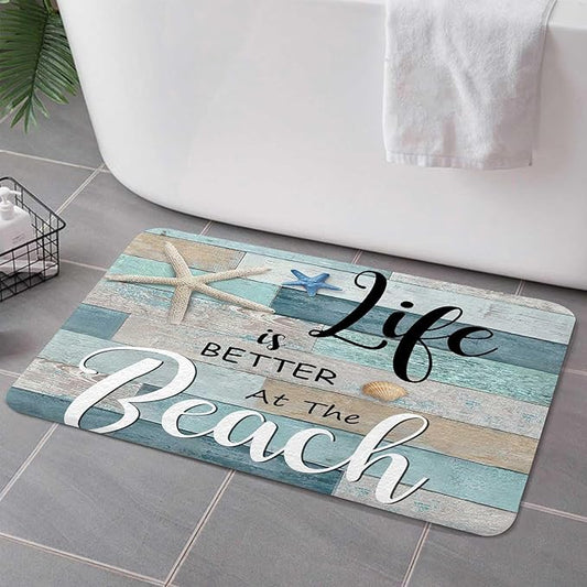 Beach Bath Rugs for Bathroom, Rustic Vintage Wood Ocean Quote Words Summer Non Slip Flannel Bathroom Rug, Nautical Coastal Starfish Dry Fast Water Absorbent Bath Mats, 17X29 Inch