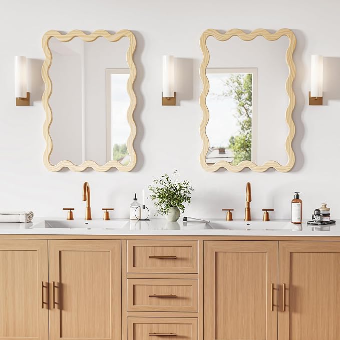 24"x36" Wood Bathroom Mirror & Wavy Wall Mirror, Large Solid Wood Asymmetrical Mirror for Vanity, Natural Wooden Frame Squiggle Mirror, Japandi Boho Aesthetic Decor