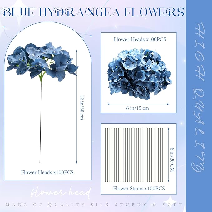 Unittype Silk Hydrangea Artificial Flowers Heads with Stems Faux Hydrangea Flowers for Wedding Centerpieces Bouquets DIY Floral Decorations for Home Indoor(Haze Blue,100 Pieces)