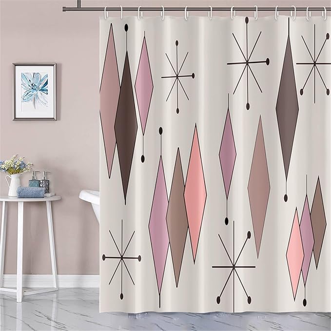 Mid Century Shower Curtain Vintage Abstract Pink Brown Diamond Geometric Atomic Starburst Pattern for 1950s Retro Bathroom Decor Accessories Shower Curtain Set with 12 Hooks, 72x78 Inches