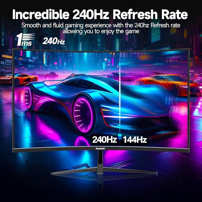 Gawfolk Curved 32 inch Gaming Monitor 240Hz PC Screen Full HD 1080P, Frameless 1800R Curved Computer Screen,FreeSync,178° Viewing Angle,Display Port、HDMI 2.0,Wall Mount Compatible 100x100MM-Black