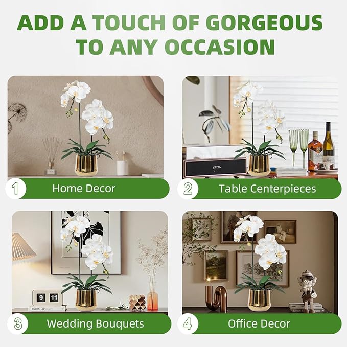 CXGS Orchids Artificial Flowers Realistic Fake Flowers in Ceramic Pot 20" White Lifelike Faux Floral Arrangement Soft PU Phalaenopsis for Home Hotel Indoor Decor, Centerpiece Display