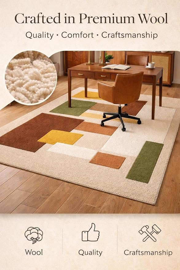 Hand Tufted Wool Geometric Rug-Mid-Century Modern Abstract Geometric Wool Earth Tone Green, Mustard & Terracotta Rug - Handmade Tufted Area Rug for Home Decor (6x9 Square Feet)