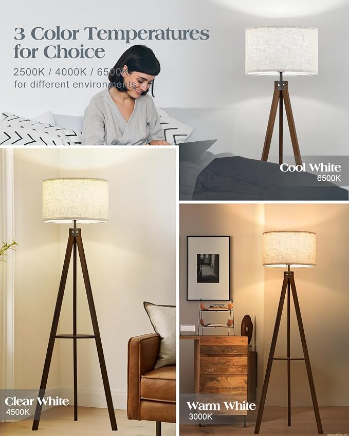 ELYONA Tripod Floor Lamp with Table, Mid Century Wood Shelf Standing Light Modern Tall Floor Lamp with Linen Shade for Living Room Bedroom Office,Dark Brown, 3 Color Temperatures LED Bulb Include