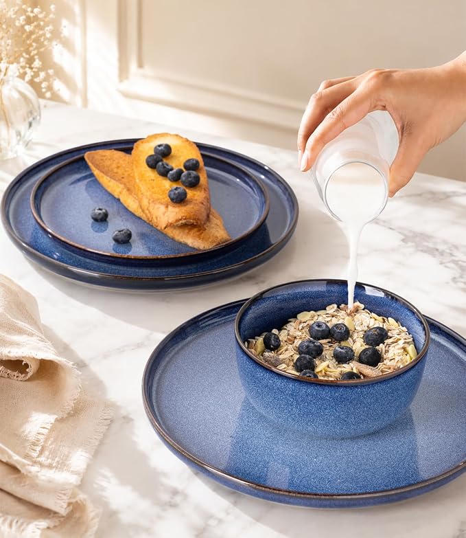 GBHOME Dinnerware Sets for 4, 12 Pieces Stoneware Plates and Bowls Sets, Scratch Resistant Ceramic Dishes, Dishwasher & Microwave Safe, Reactive Glaze-Sea Blue