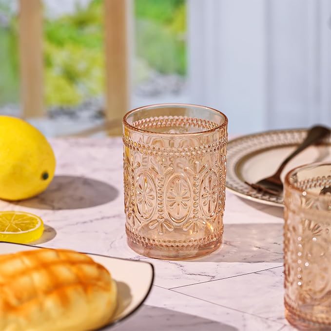 Darlion 6 Pack Amber Glassware Set, 10oz Vintage Drinking Glasses, Colored Water Glasses, Amber Embossed Glass Cups for Party Wedding Home Office Gift