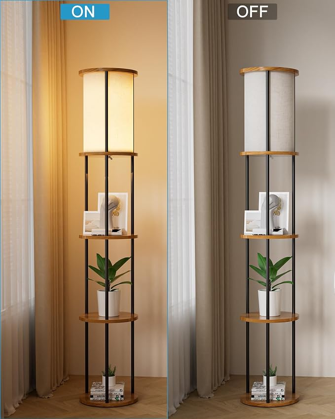 Lightdot 61" Floor Lamp with Shelves, Modern Black Standing Lamp with Fabric Shade and 3- Tier Solid Wood Table Attached, Corner Bookshelf Lamps with Bulb Included for Sofa Beside/Corner Decor