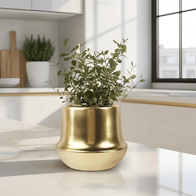Gold Ceramic Planter Indoor Flower Pots Modern Decorative Large Plant Pot 7.1 inch Gold Brass Planter for All House Plants,Succulents,Flowers and Cactus