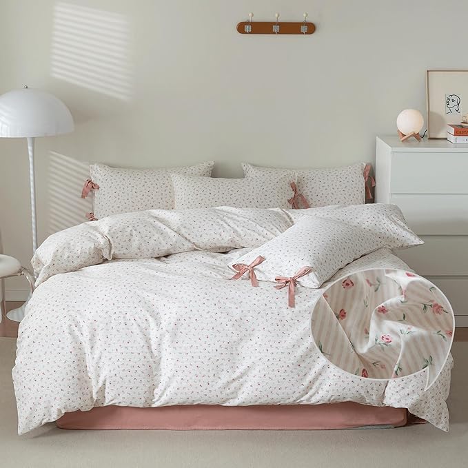 VM VOUGEMARKET Pink Floral Comforter Set King Bed in a Bag Pink Stripes Bedding Set 3 Pieces for All Seasons,Soft Comfy Girls Comforter with 2 Bowknot Pillowcases