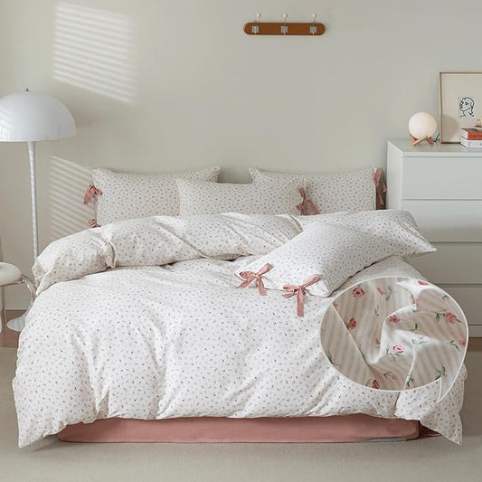 VM VOUGEMARKET Flower Duvet Cover King Vintage Garden Pink Floral Bedding Set for Girls Women 100% Cotton 3 Pieces Stripes Comforter Cover with Zipper Ties,Off-White/Cream