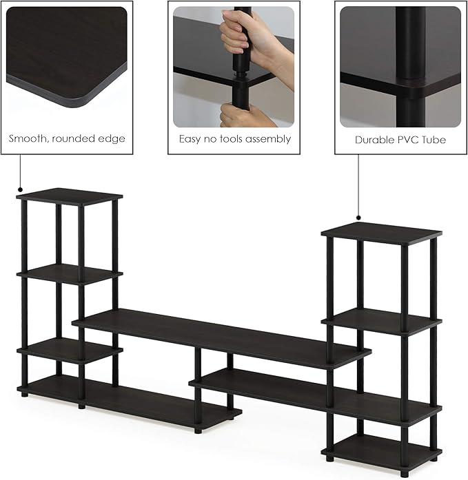 Furinno TURN-N-TUBE TV Stand, Wide Open Frame Entertainment Center with Open Shelves Storage, TV Console with Tall Side Shelves for TV up to 48 Inch, for Living Room, Bedroom, Espresso